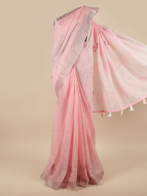 

Pothys Pink & Silver Toned Floral Embroidered Linen Blend Saree