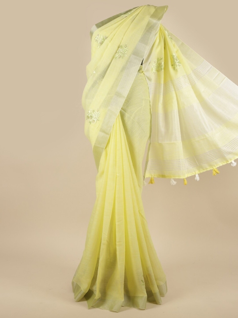 

Pothys Yellow & Silver-Toned Ethnic Motifs Beads and Stones Linen Blend Saree