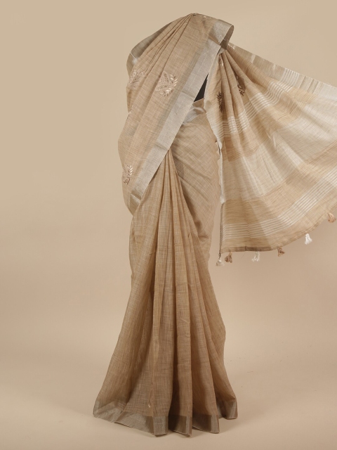 

Pothys Brown & Silver-Toned Ethnic Motifs Stones Linen Blend Saree