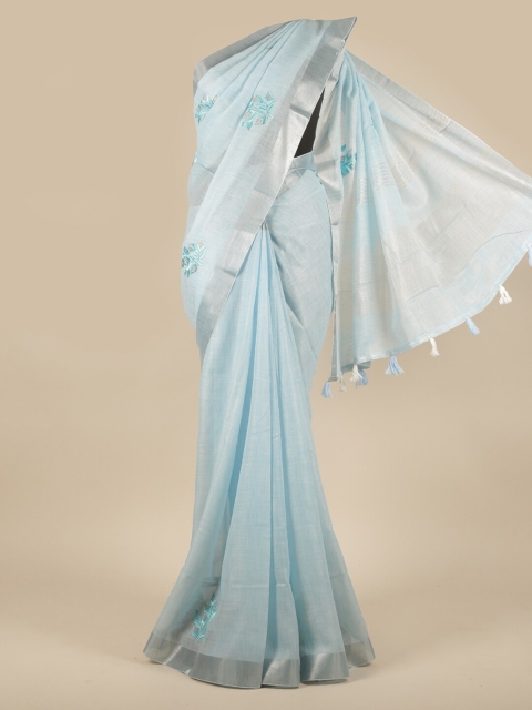 

Pothys Blue & Silver-Toned Floral Zari Linen Blend Saree
