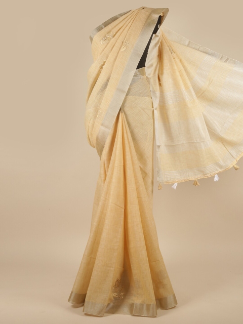 

Pothys Cream-Coloured & Silver-Toned Floral Embroidered Linen Blend Saree