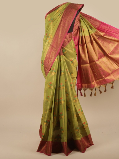 

Pothys Green & Fuchsia Ethnic Motifs Printed Jute Silk Saree
