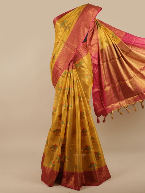 

Pothys Yellow & Pink Floral Zari Jute Silk Saree