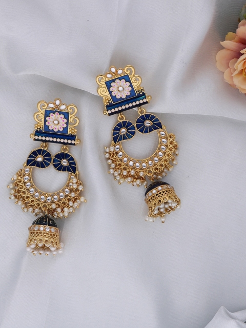 

MORKANTH JEWELLERY Navy Blue & Gold Contemporary Jhumkas Earrings