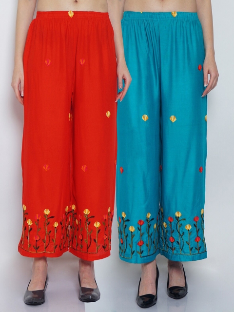 

GRACIT Women Red & Turquoise Blue Set Of 2 Floral Embroidered Straight Fit Palazzo