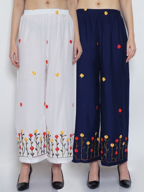 

GRACIT Women White & Navy Blue 2 Embroidered Flared Knitted Ethnic Palazzos