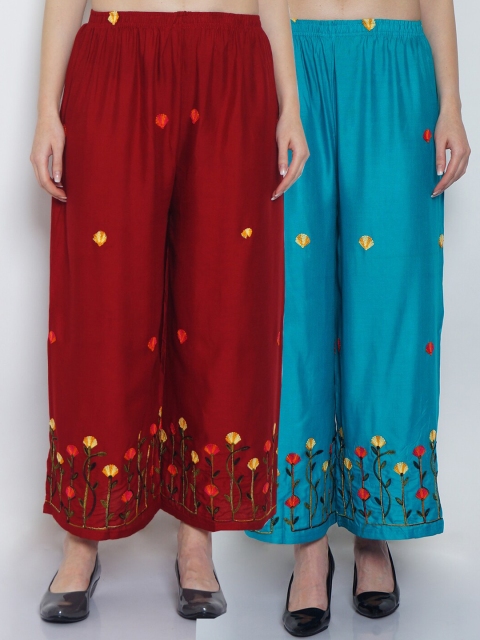 

GRACIT Women Maroon & Blue Set of 2 Floral Embroidered Flared Knitted Ethnic Palazzos