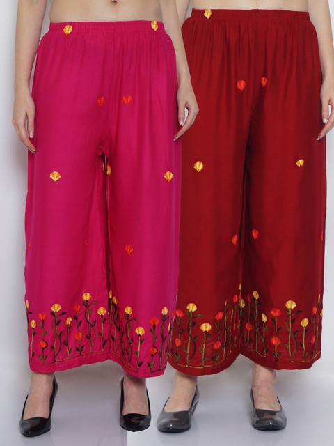 

GRACIT Women Pink & Maroon Set of 2 Floral Embroidered Flared Ethnic Palazzos
