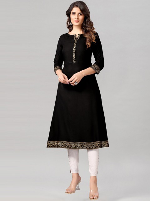 

KALINI Women Black Solid Foil Print Yoke Design Kurta