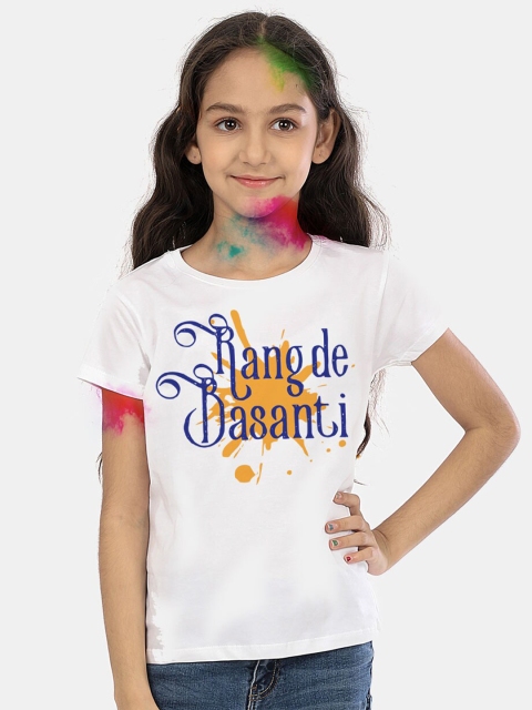 

BONKIDS Girls White & Mustard Rang De Basanti Printed Holi T-shirt