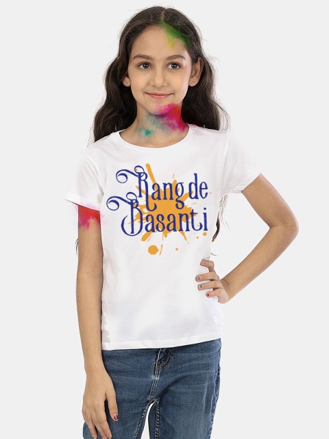 

BONKIDS Girls White & Blue Rang De Basanti Holi T-shirt
