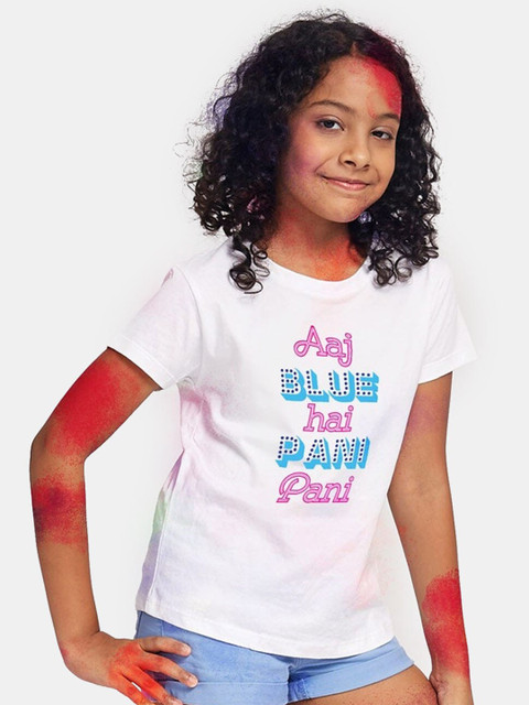 

BONKIDS Girls White Aaj Blue Hai Holi Printed T-shirt