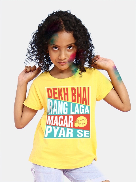 

BONKIDS Girls Yellow Dekh Bhai Rang Laga Magar Pyar Se Printed Holi T-shirt