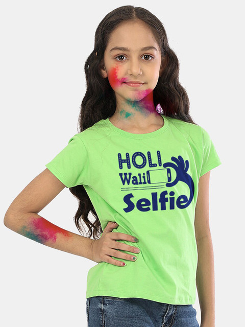 

BONKIDS Girls Green Holi Wali Selfie Printed Cotton T-shirt