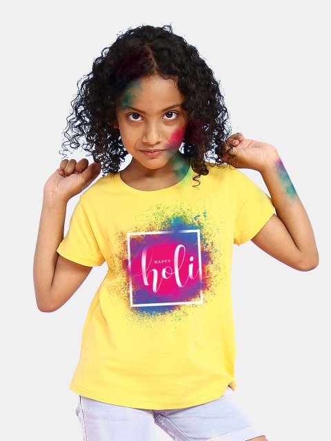 

BONKIDS Girls Yellow Happy Holi Printed T-shirt