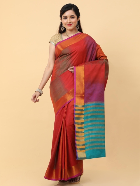 

Kalamandir Red & Blue Colourblocked Zari Pure Silk Ikat Saree