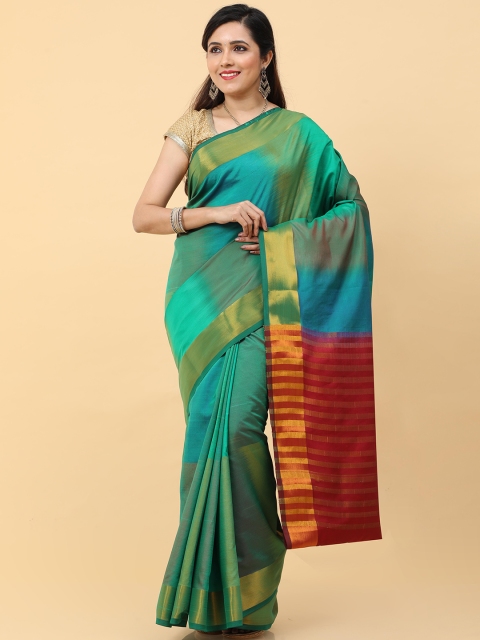 

Kalamandir Green & Red Solid Pure Silk Ikat Saree