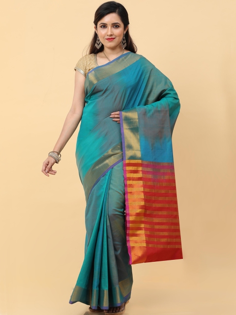 

Kalamandir Blue, Gold-Toned & Red Striped Pure Silk Ikat Saree