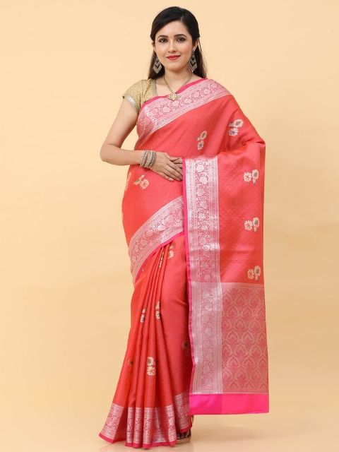 

Kalamandir Pink & Silver-Toned Floral Zari Silk Blend Saree