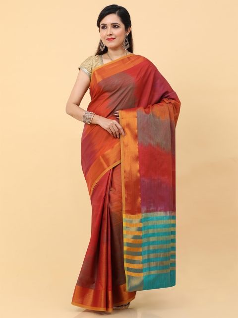 

Kalamandir Red & Gold-Toned Zari Pure Silk Ikat Uppada Saree