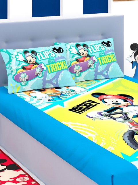 

Disney Green & Yellow Cartoon Characters 180 TC King Bedsheet with 2 Pillow Covers