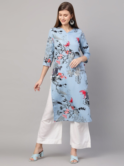 

KALINI Blue Floral Printed V-Neck Straight Kurta