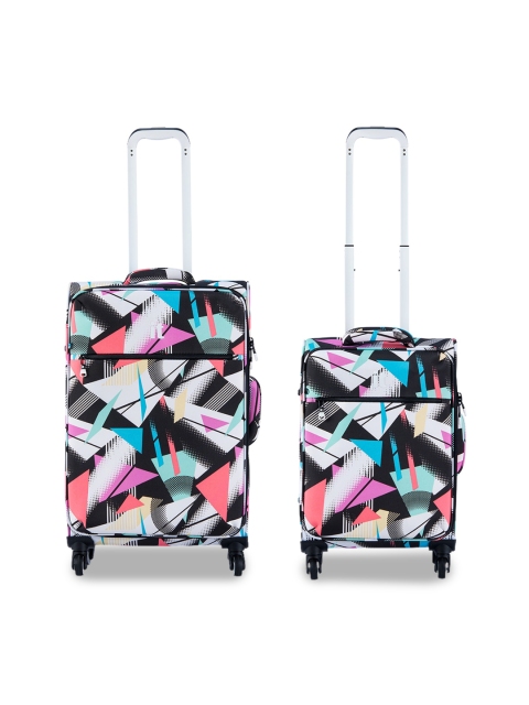 

IT luggage Set Of 2 Black & Blue Printed Soft-Sided Trolley Suitcase