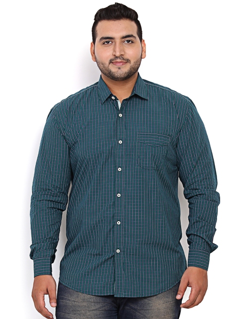 

John Pride Plus Size Men Green Blue Regular Fit Checked Casual Shirt
