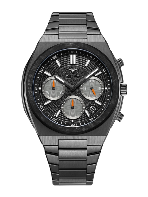 

ZINVO Men Black Brass Dial & Grey Stainless Steel Bracelet Style Straps Analogue Chronograph Watch