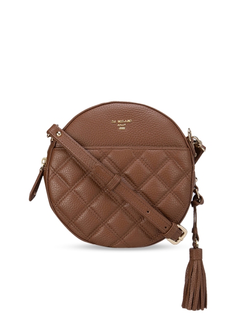 

Da Milano Brown Textured Leather Structured Sling Bag with Quilted