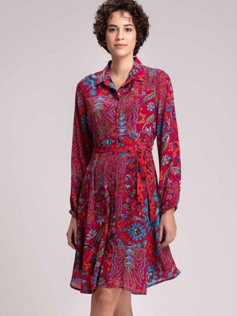 

SHAYE Fuchsia Ethnic Motifs Georgette Shirt Dress