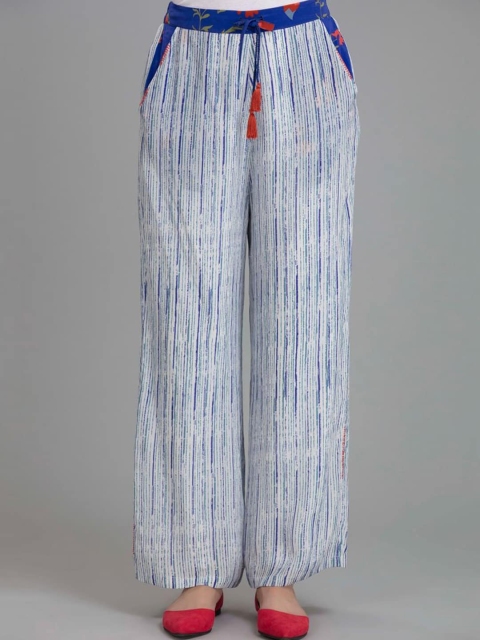 

SHAYE Women White & Blue Striped Relaxed Parallel Trousers