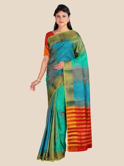 

Kalamandir Green & Blue Colourblocked Pure Silk Ikat Saree