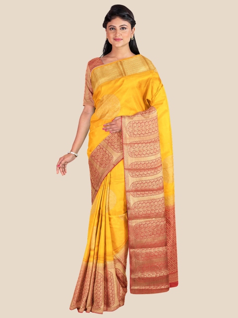 

Kalamandir Mustard & Gold-Toned Woven Design Zari Silk Blend Banarasi Saree