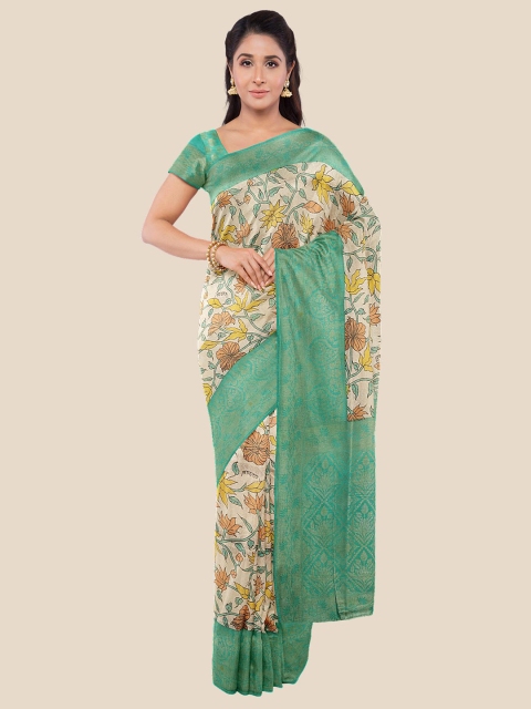 

Kalamandir Cream-Coloured & Green Floral Silk Blend Banarasi Saree