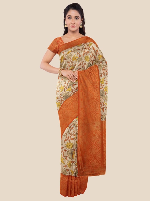 

Kalamandir Cream & Orange Coloured Floral Printed Silk Blend Banarasi Saree