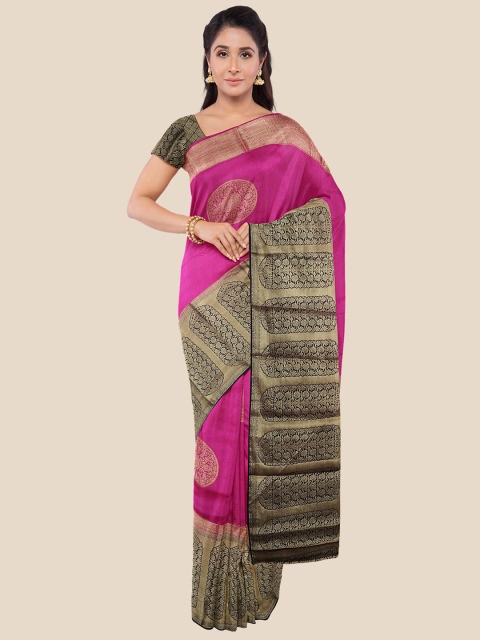 

Kalamandir Pink, Navy Blue & Gold-Toned Ethnic Motifs Silk Blend Banarasi Saree