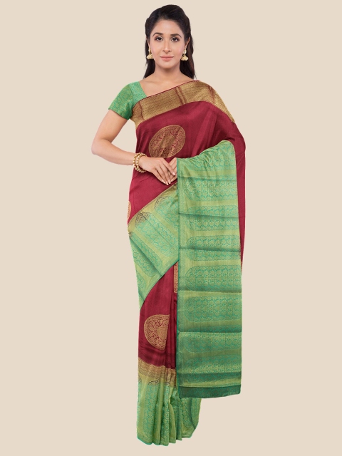 

Kalamandir Maroon & Green Ethnic Motifs Zardozi Silk Blend Banarasi Saree