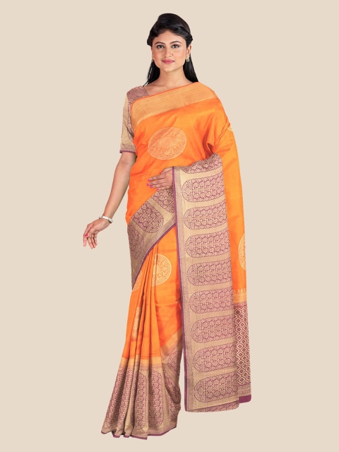 

Kalamandir Orange & Purple Woven Design Zari Silk Blend Banarasi Saree
