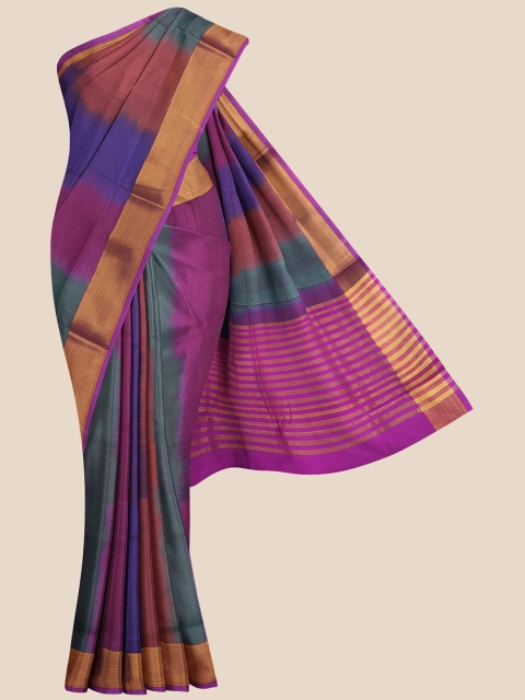 

Kalamandir Blue & Pink Colourblocked Zari Pure Silk Ikat Uppada Saree
