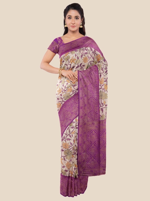 

Kalamandir Cream-Coloured, Gold Toned & Lavender Floral Silk Blend Banarasi Saree