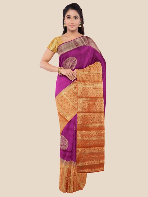 

Kalamandir Purple & Orange Woven Design Zardozi Silk Blend Banarasi Saree