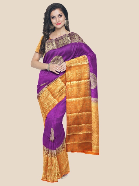 

Kalamandir Purple, Gold-Toned & Orange Woven Design Silk Blend Banarasi Saree