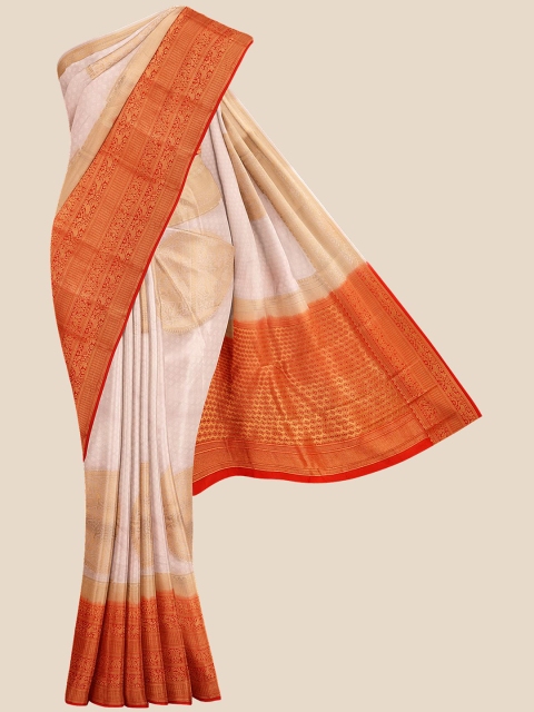 

Kalamandir White & Orange Woven Design Silk Blend Banarasi Saree