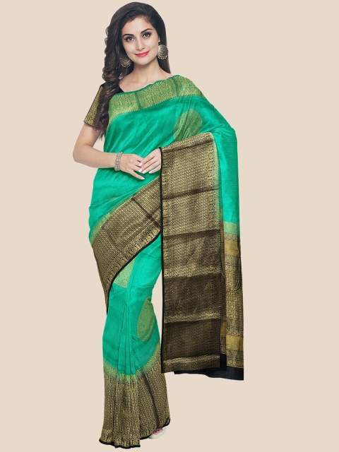 

Kalamandir Teal & Gold-Toned Woven Design Silk Blend Banarasi Saree