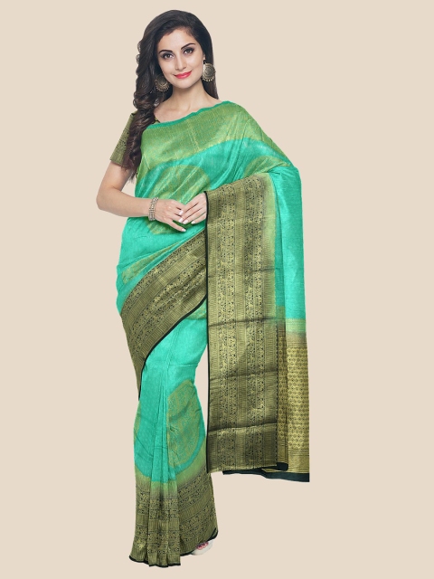 

Kalamandir Teal & Gold-Toned Ethnic Motifs Zari Silk Blend Saree