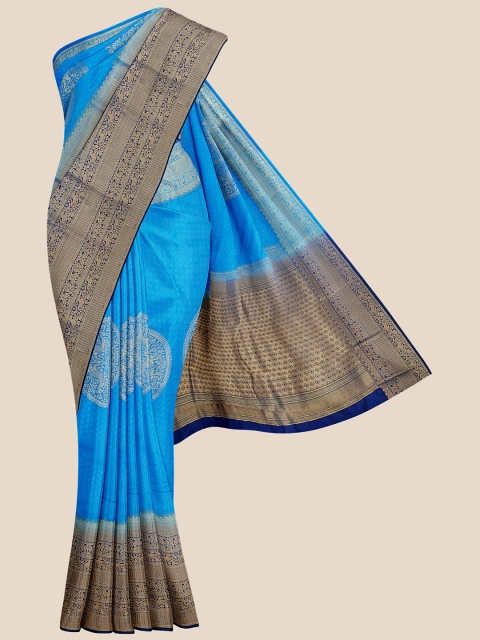 

Kalamandir Blue & Gold-Toned Woven Design Zari Silk Blend Banarasi Saree
