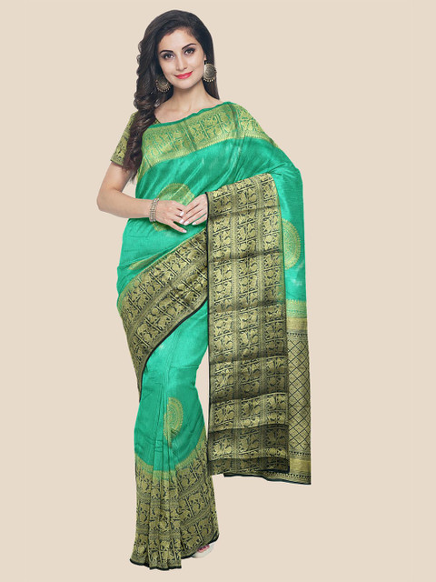 

Kalamandir Turquoise Blue & Gold-Toned Ethnic Motifs Silk Blend Banarasi Saree