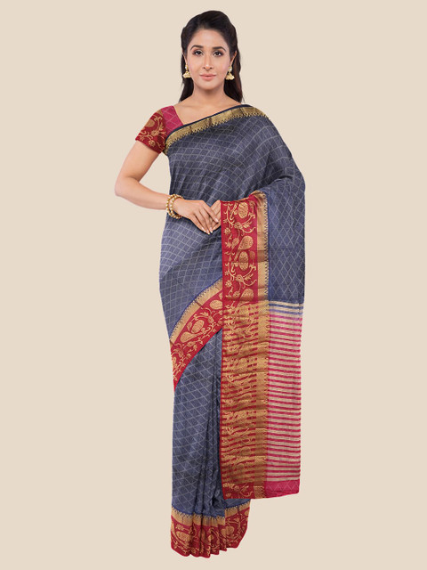 

Kalamandir Navy Blue & Pink Woven Design Pashmina Zari Saree