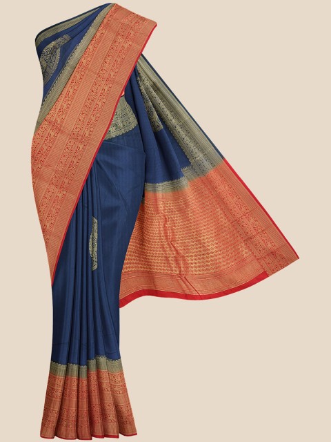 

Kalamandir Navy Blue & Red Woven Design Zari Silk Blend Banarasi Saree